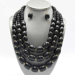 Three Layers Black Bead Necklace Earring Set